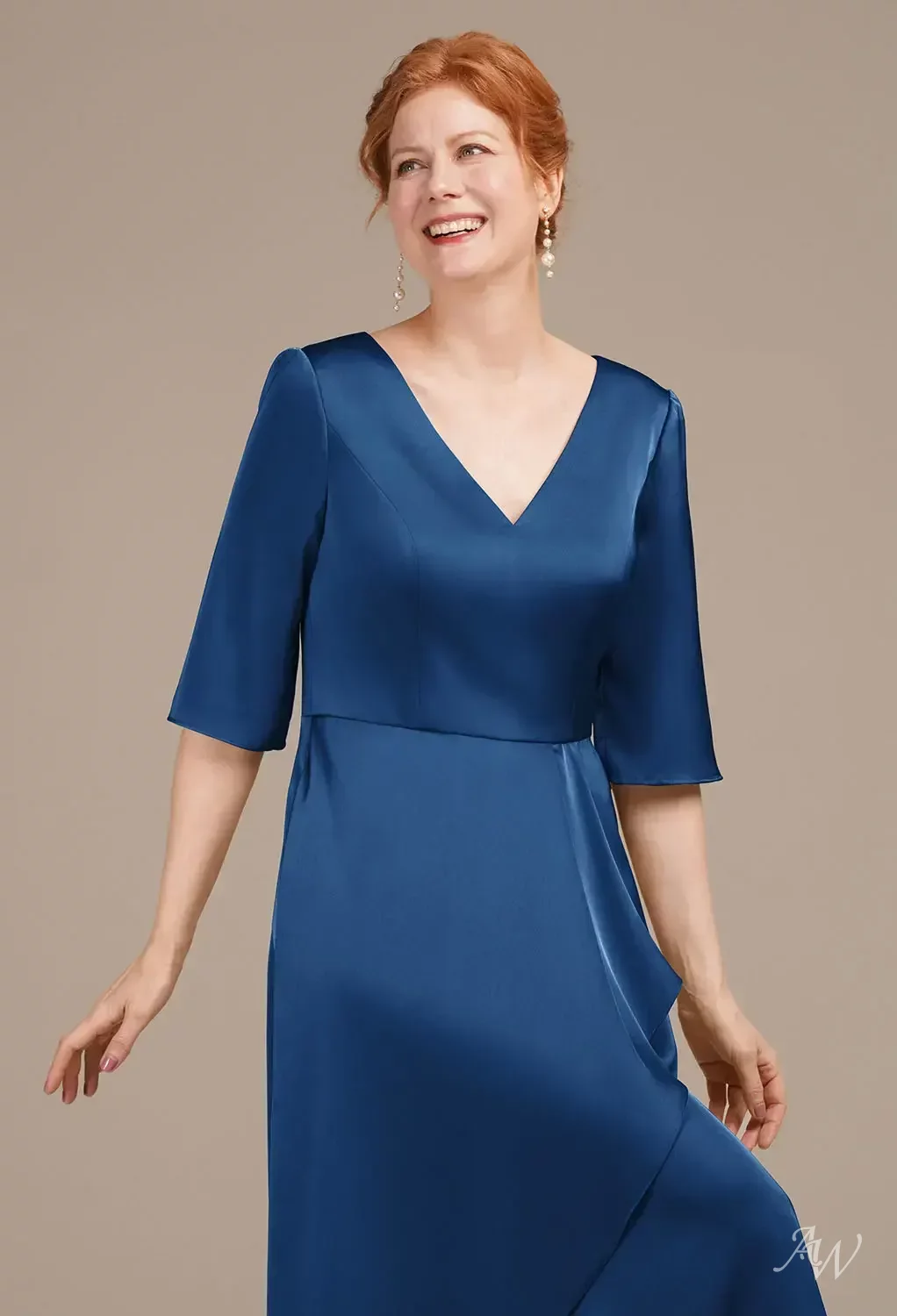 AW Zephyrine Dress, Deep Claret Satin Charmeuse Tea Length V-Neck